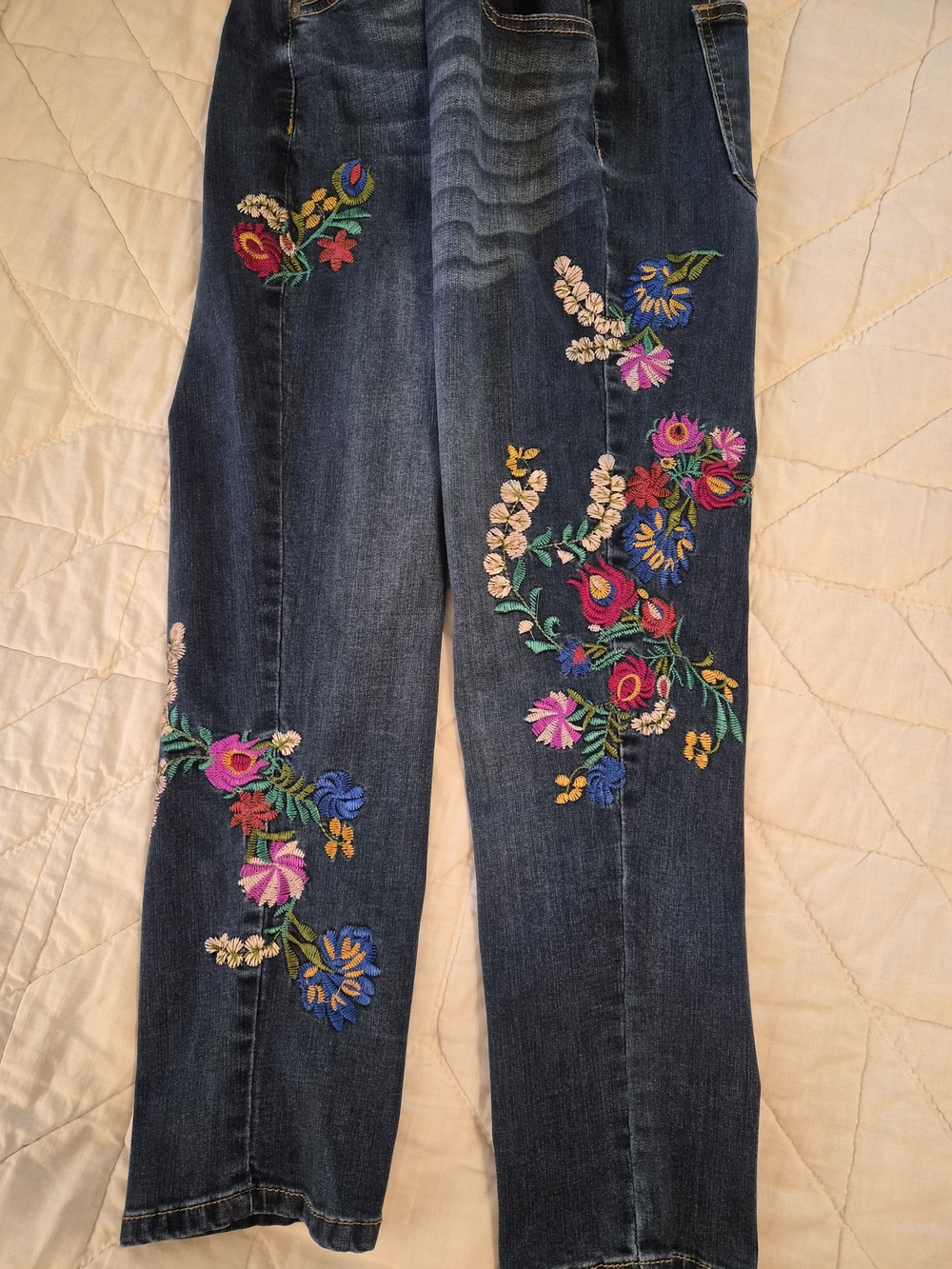 Dark Wash Embroidered Women’s Jeans - Blue with Multicolor Floral - Picture 7 of 12